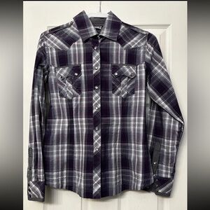 Womens NWOT Panhandle Slim Western Shirt M Purple Plaid Silver Thread Pearl Snap